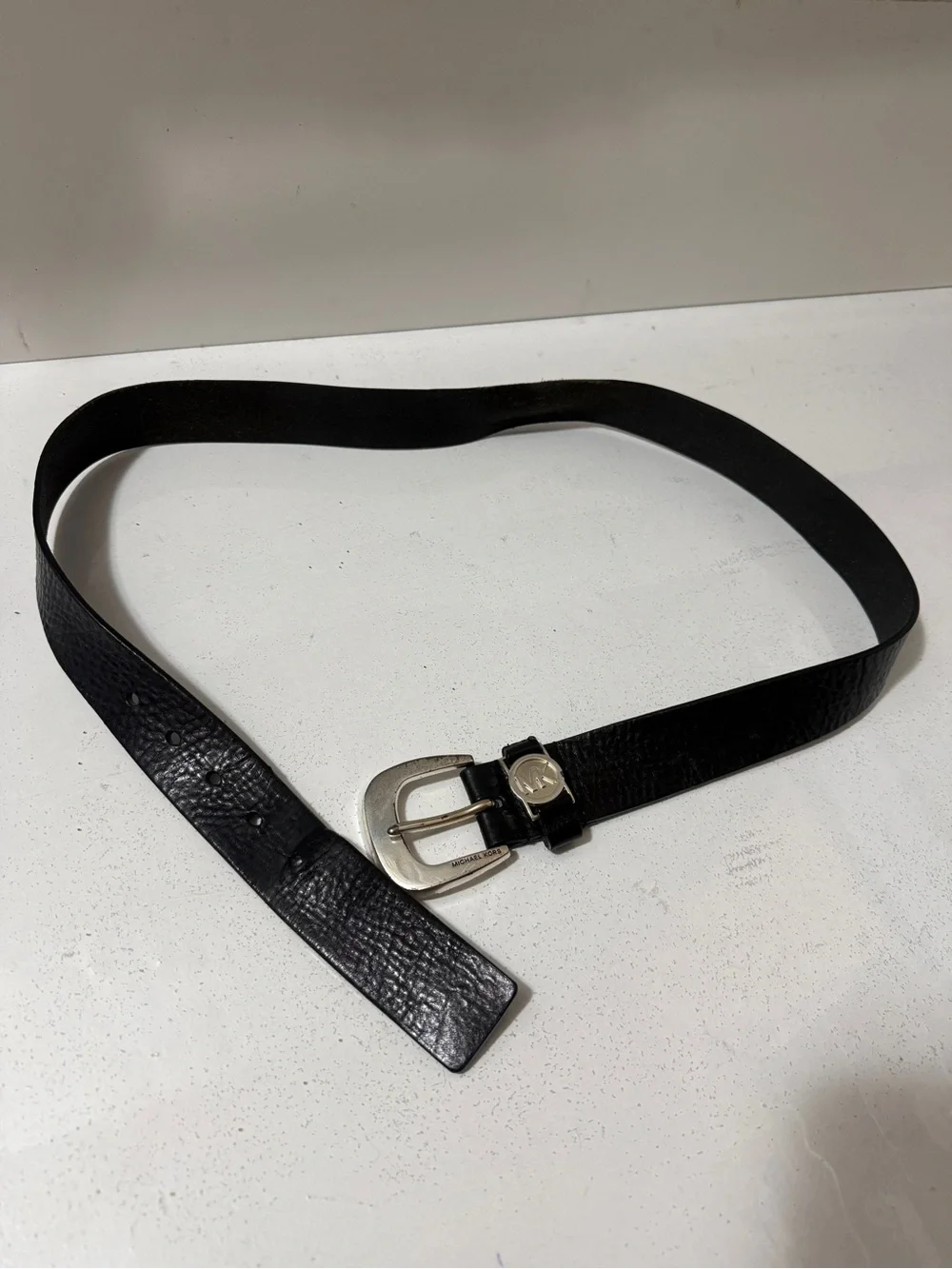 Michael Kors Pure Black Leather Belt with Silver MK Emblem